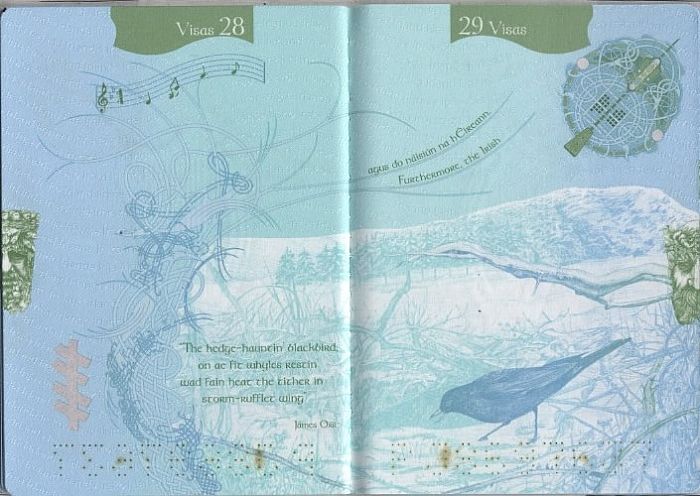 Irish passport page with James Orr  blackbird poem